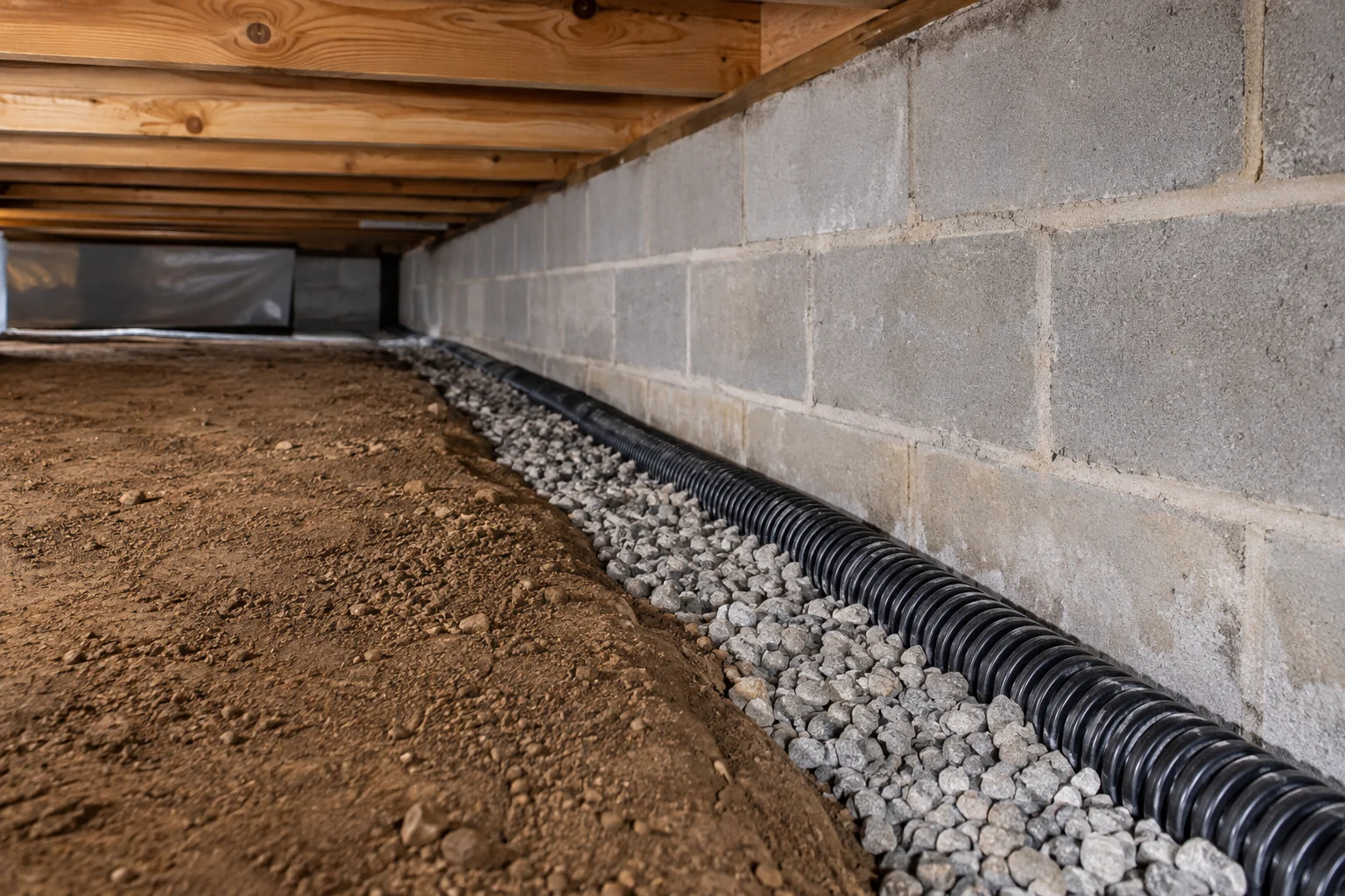 A gravel collection trench along a crawlspace wall