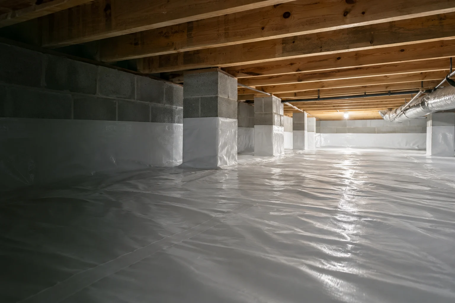 A clean lined crawlspace with dry floor framing