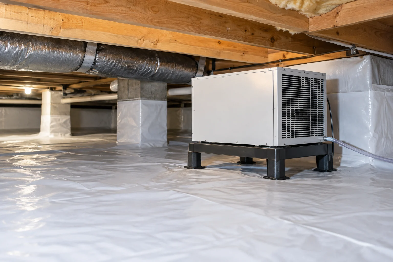 A crawlspace dehumidifier above a white ground liner