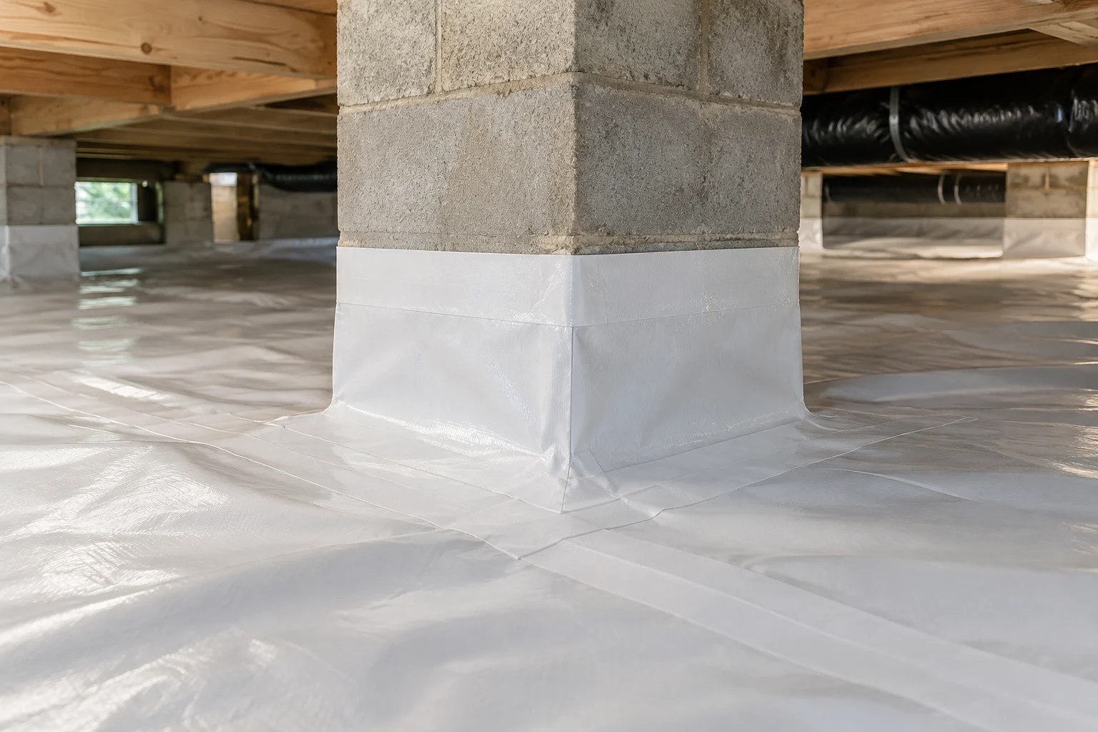 A ground vapor barrier fitted around a masonry pier